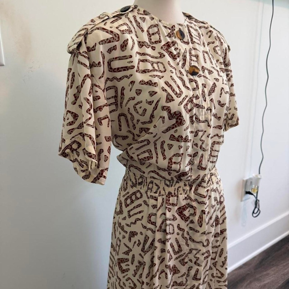 Vintage Liz Claiborne Cream & Brown Abstract Print Dress | Size Petite 10 - Picture 3 of 7